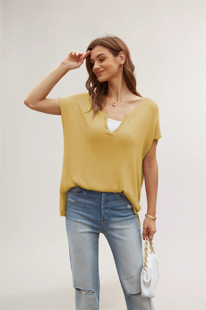 Chic V-Neck Draped Sleeve Knit Blouse 2791 Yellow