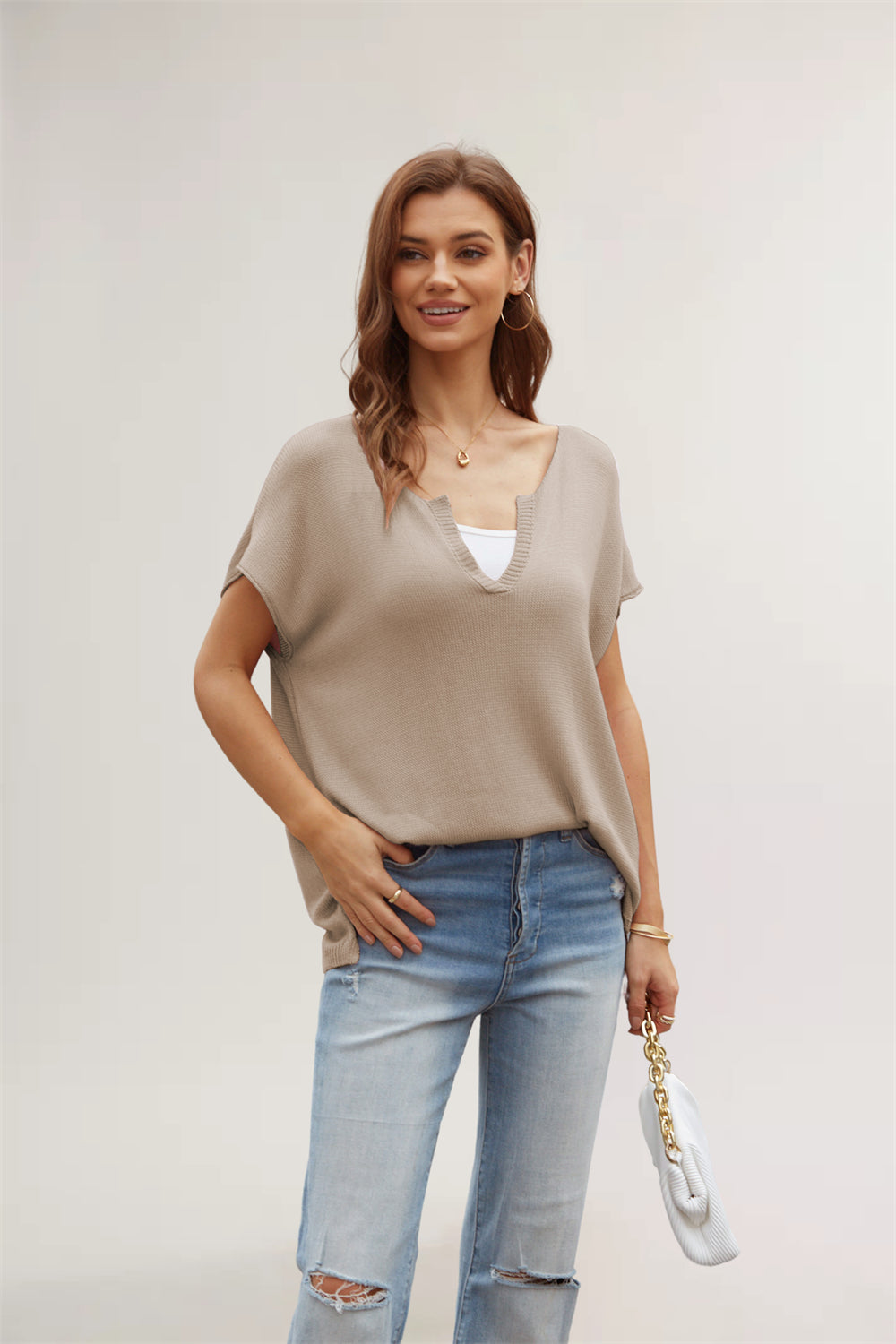 Chic V-Neck Draped Sleeve Knit Blouse 2791 Khaki