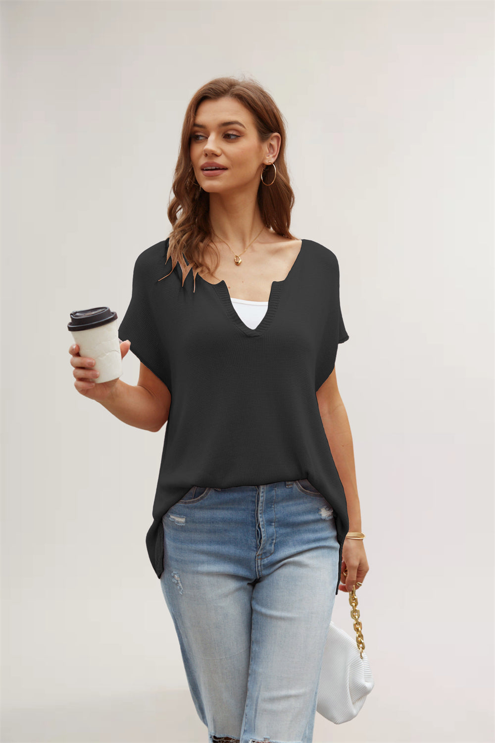 Chic V-Neck Draped Sleeve Knit Blouse 2791 Black