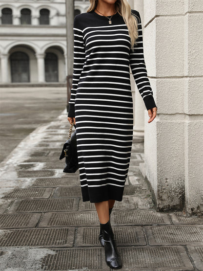 Classic Striped Long Sleeve Knitwear Midi Dress 3063