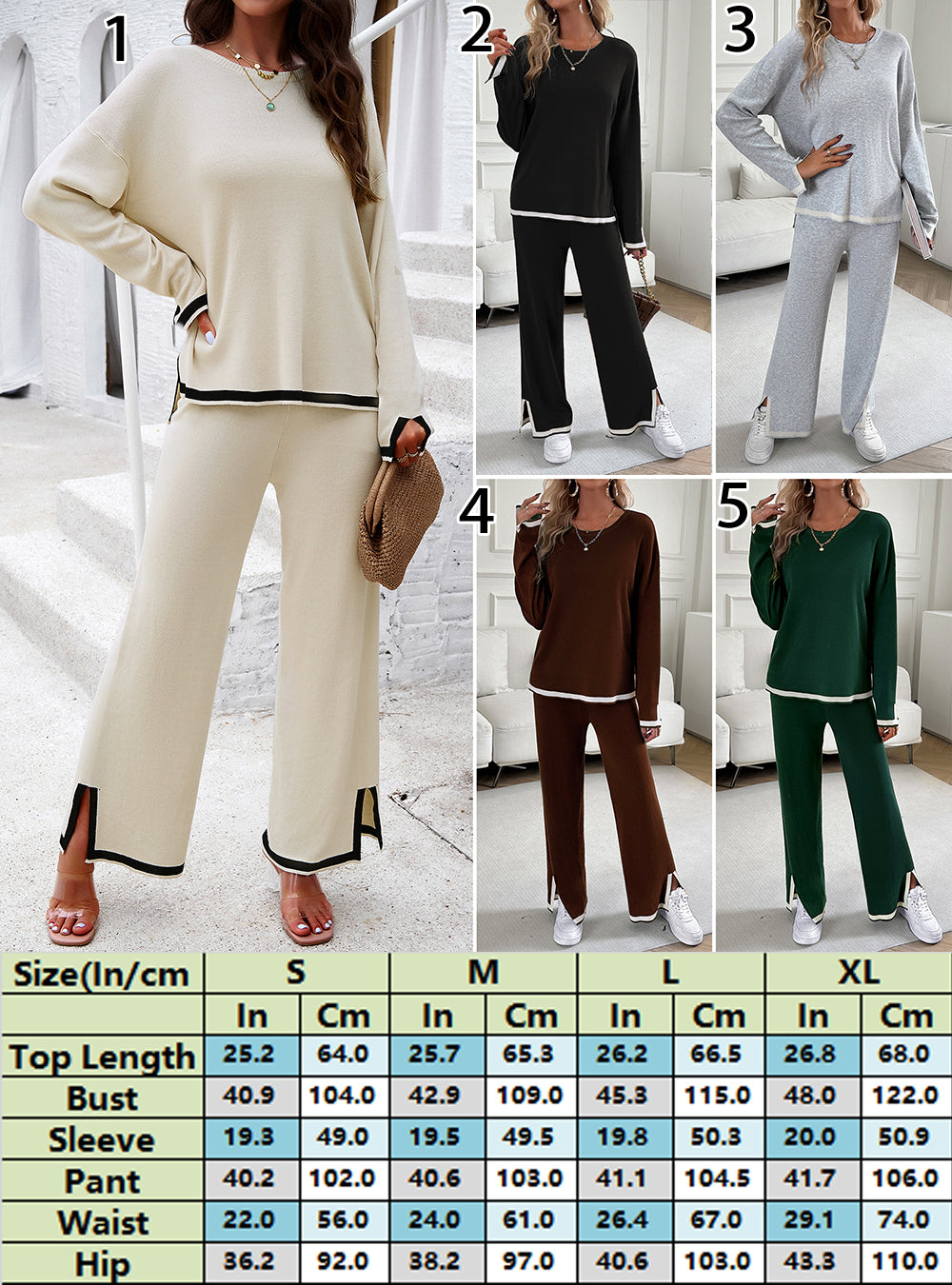 Contrast Trim Round Neck Top and Pants Set 2757