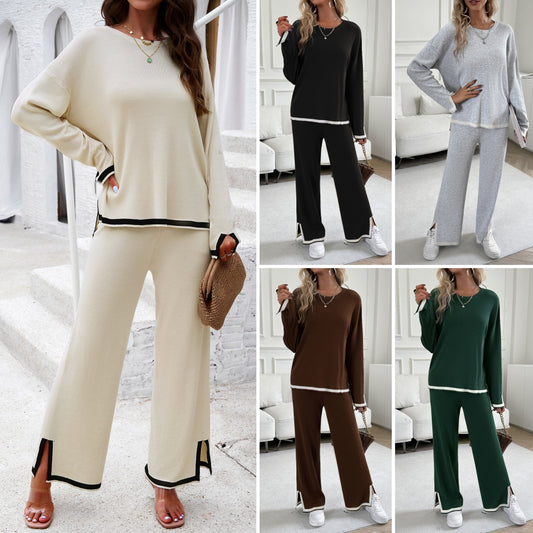 Contrast Trim Round Neck Top and Pants Set 2757 Mix Color