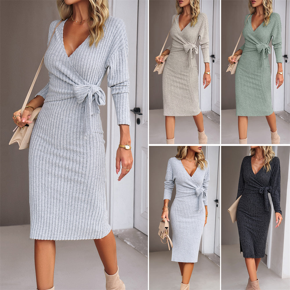 Ribbed knit wrap midi dress with tie waist 3109