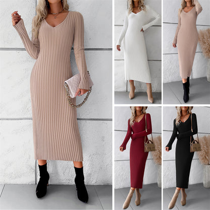 Slim fit ribbed knit long sleeve Bodycon midi sweater dress 3125