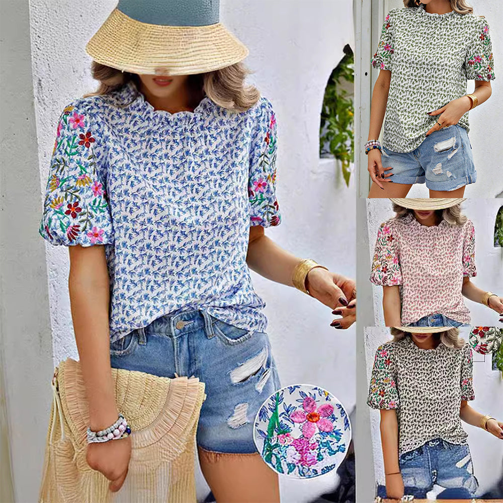 Digitizing embroidery Short Ruffle Sleeves Floral Top 3015 Mix Color