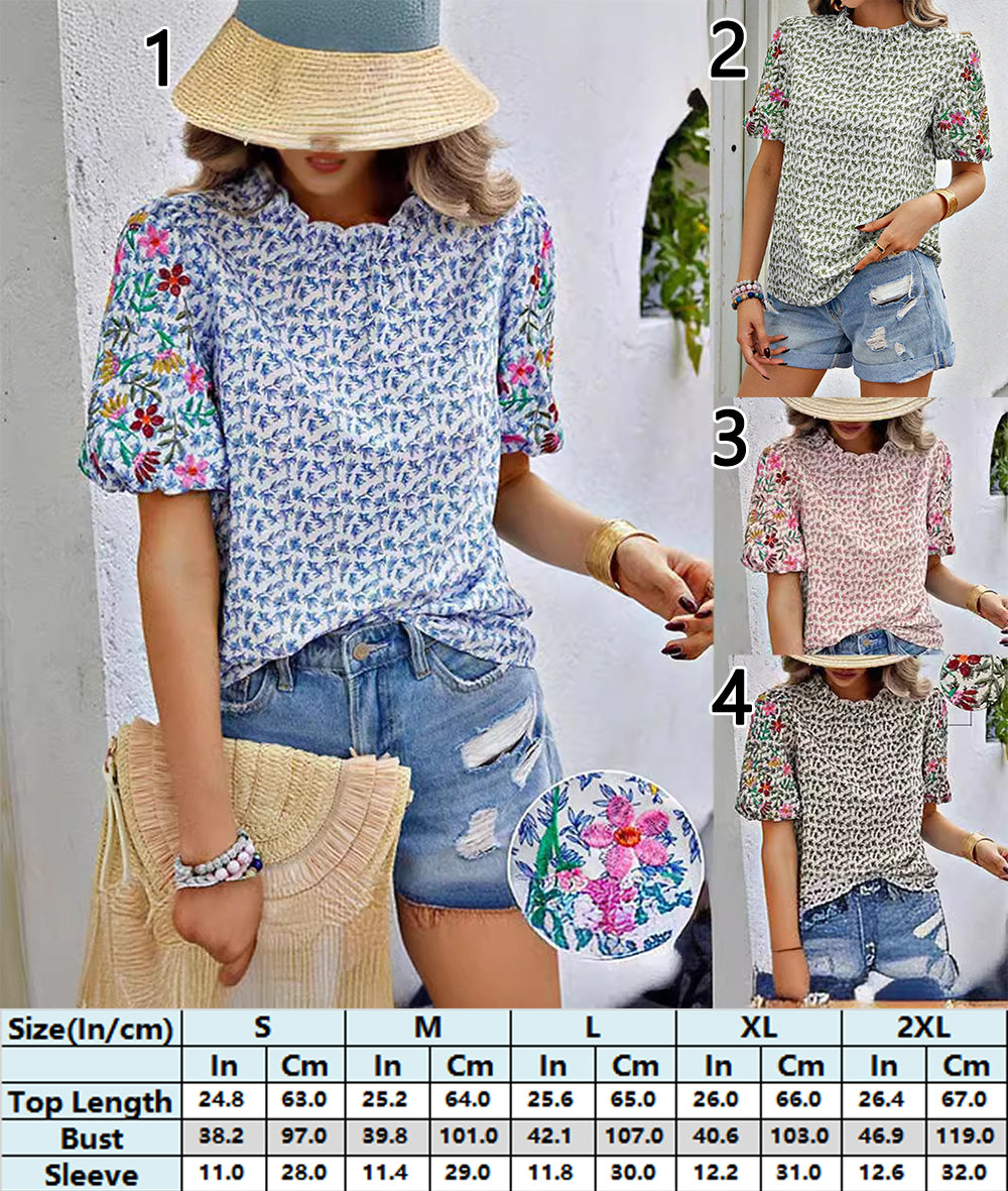 Digitizing embroidery Short Ruffle Sleeves Floral Top 3015