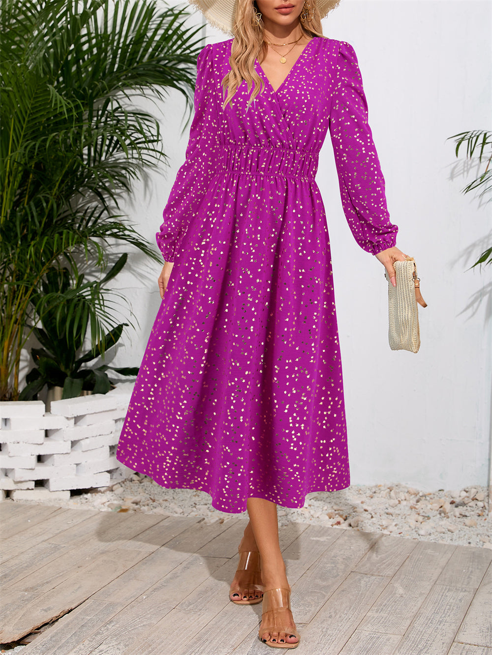 Dotted pattern smocked waist peplum midi dress 3083