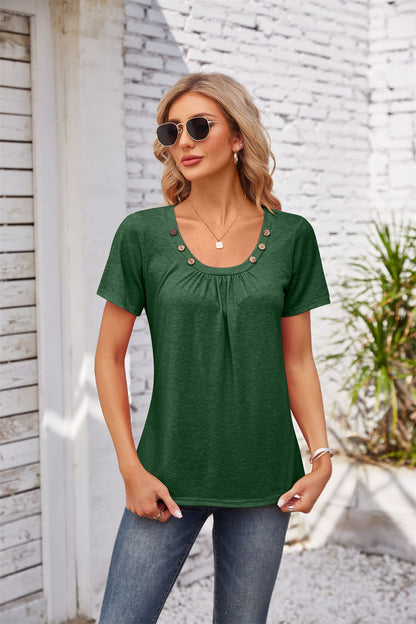 Elegant Pleated Neckline Top with Button Details 2749 green