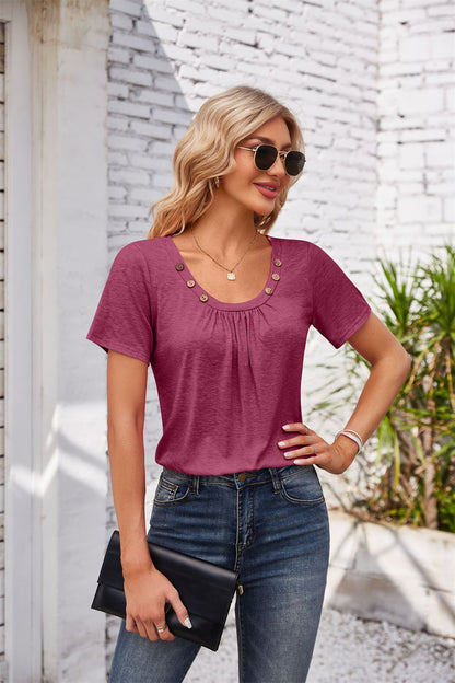 Elegant Pleated Neckline Top with Button Details 2749 Purplish red