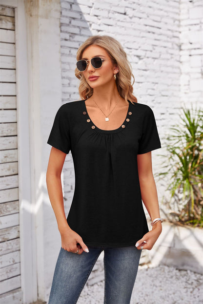 Elegant Pleated Neckline Top with Button Details 2749 black