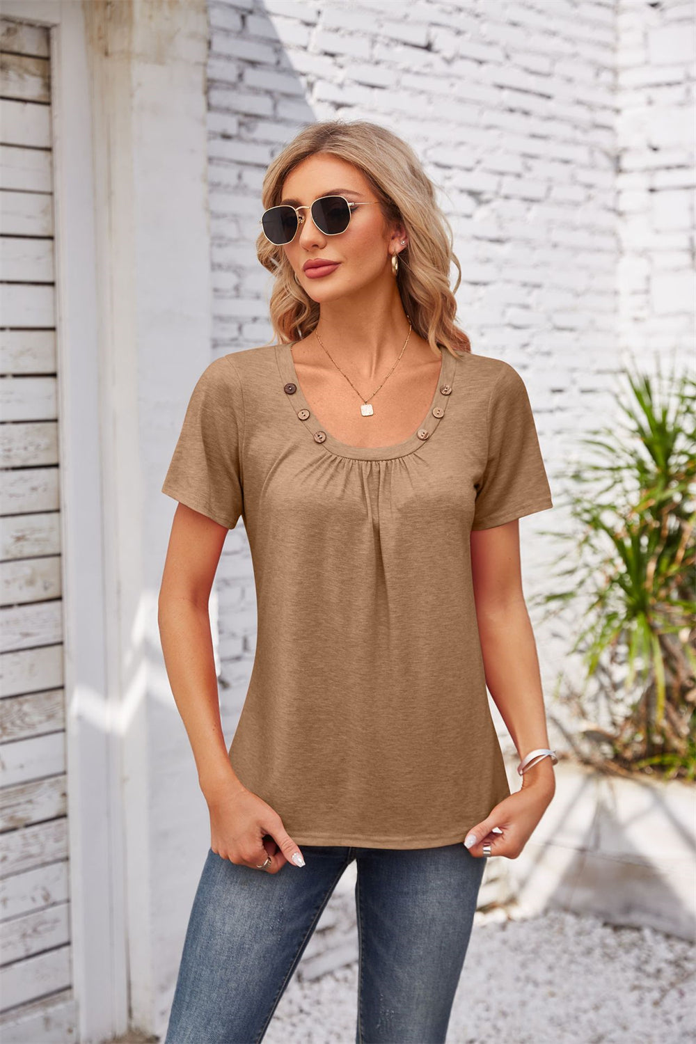 Elegant Pleated Neckline Top with Button Details 2749 Khaki