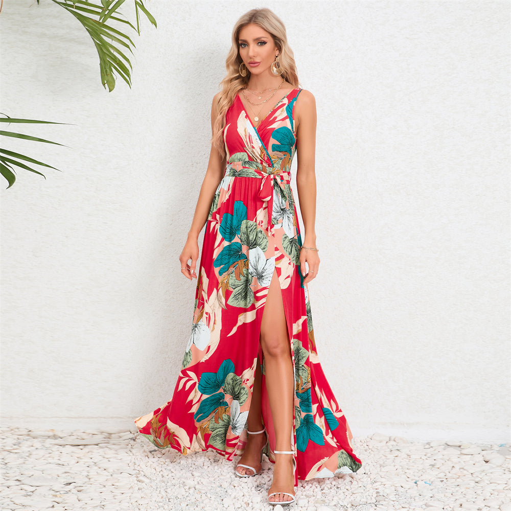 Floral Fantasy Maxi Dress with Side Slit 2989 Red