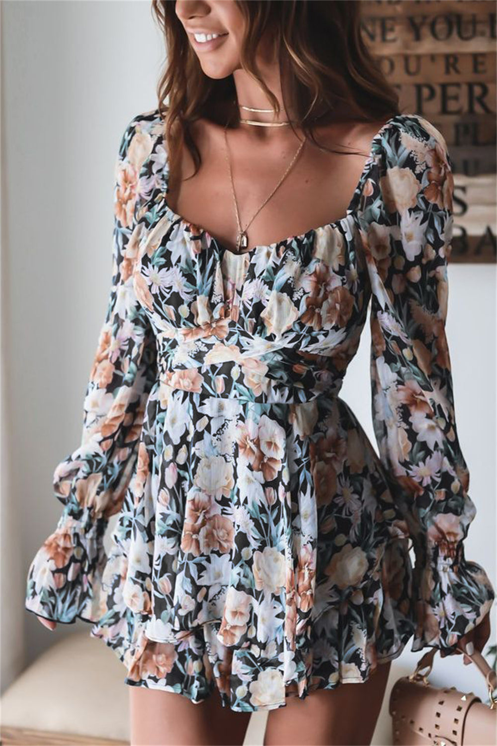 Floral Print Long Sleeve Romper with Ruffle Dress 3069