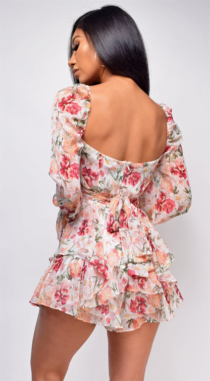 Floral Print Long Sleeve Romper with Ruffle Dress 3069