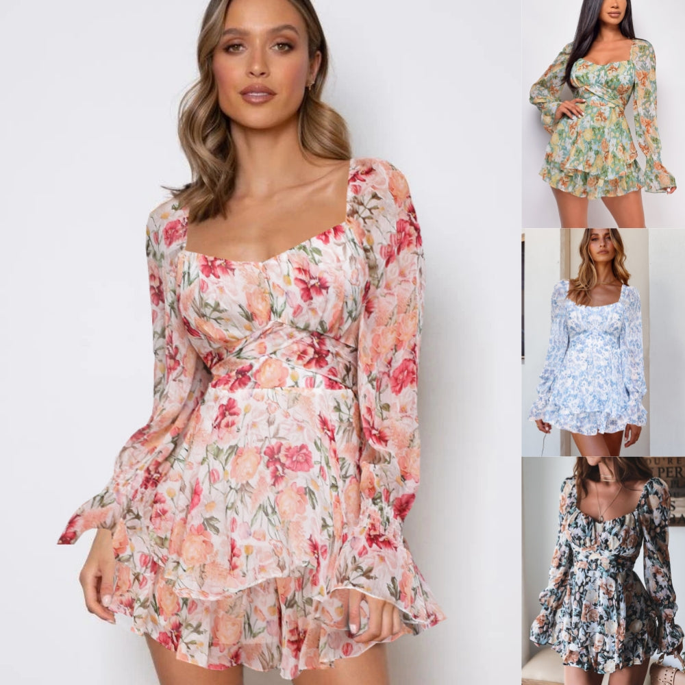 Floral Print Long Sleeve Romper with Ruffle Dress 3069