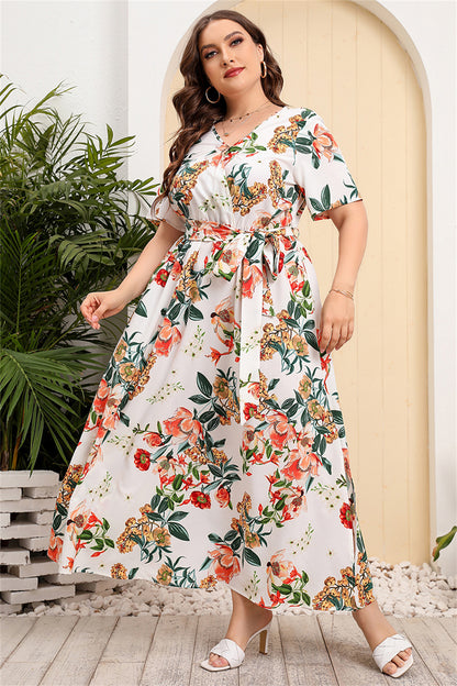 Floral Print Midi Dress with Tie Waist 2931 Apricot