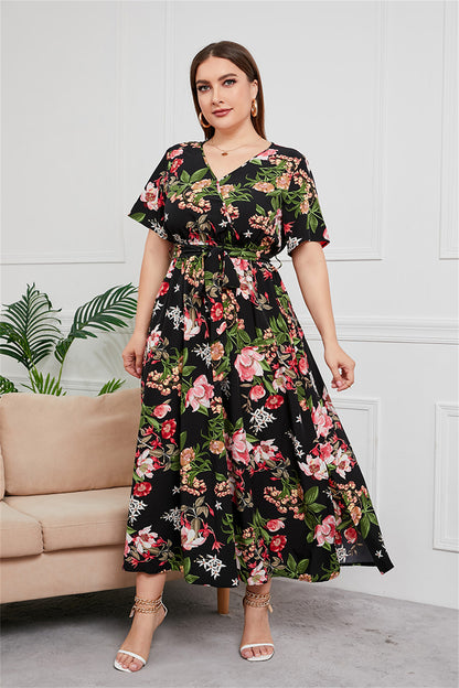 Floral Print Midi Dress with Tie Waist 2931 Black