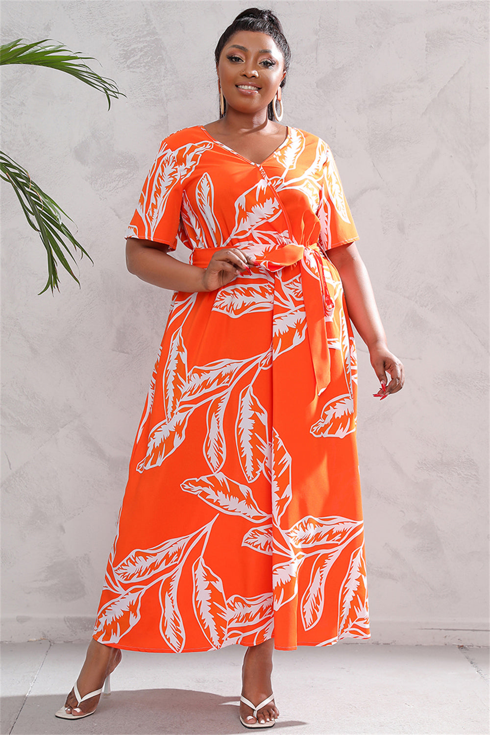 Floral Print Midi Dress with Tie Waist 2931 Orange