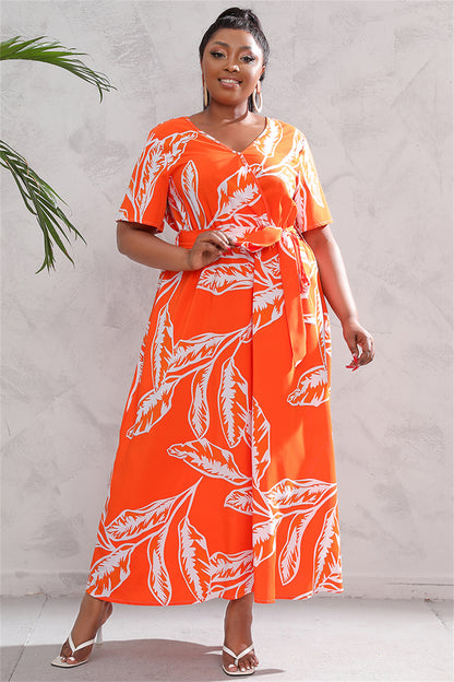 Floral Print Midi Dress with Tie Waist 2931 Orange