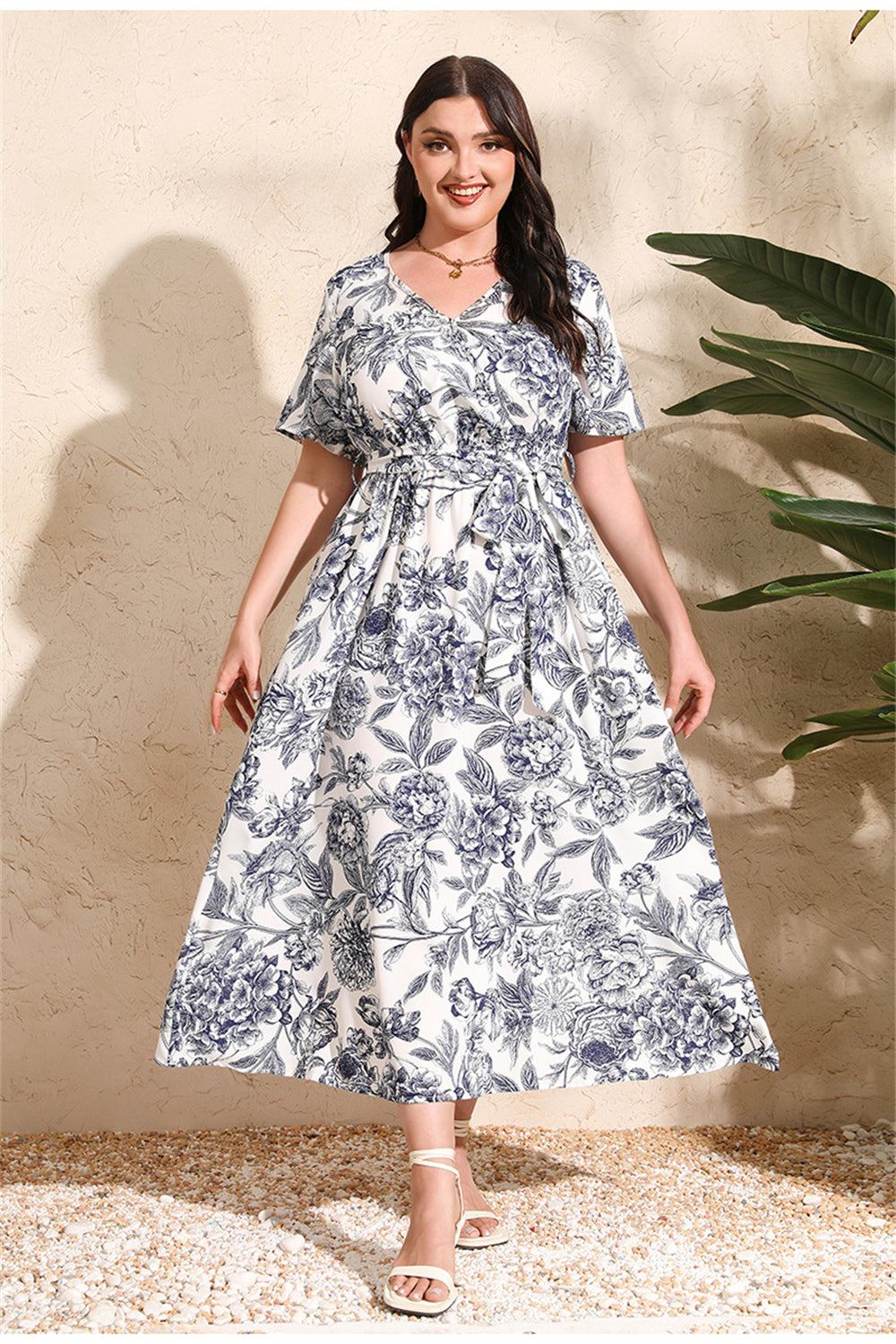 Floral Print Midi Dress with Tie Waist 2931 White