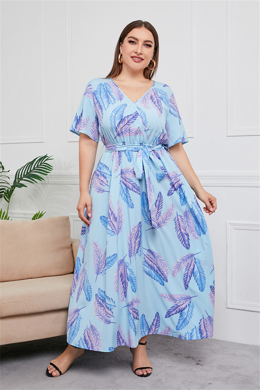 Floral Print Midi Dress with Tie Waist 2931 Baby blue