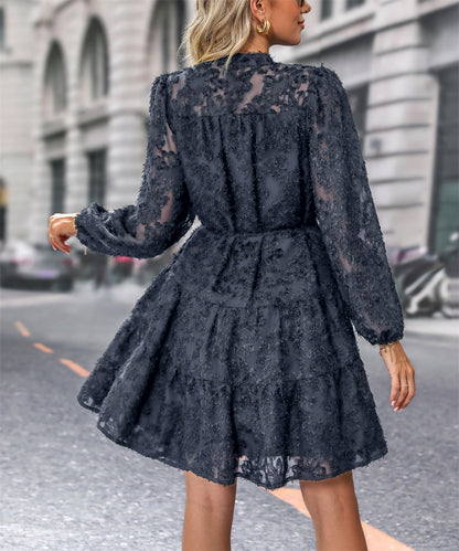 Floral lace a-line button down dress with tie waist 3091