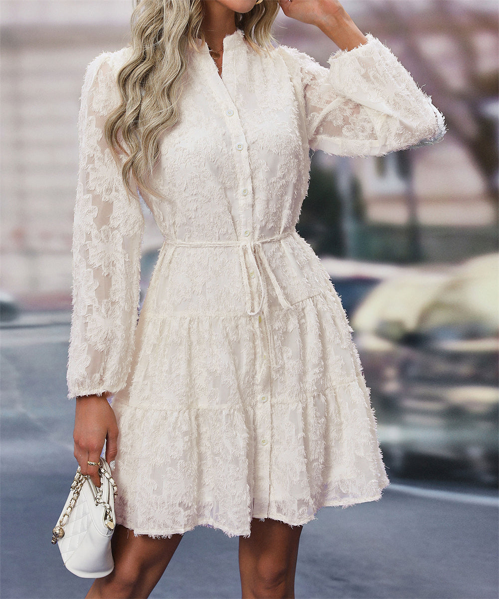 Floral lace a-line button down dress with tie waist 3091