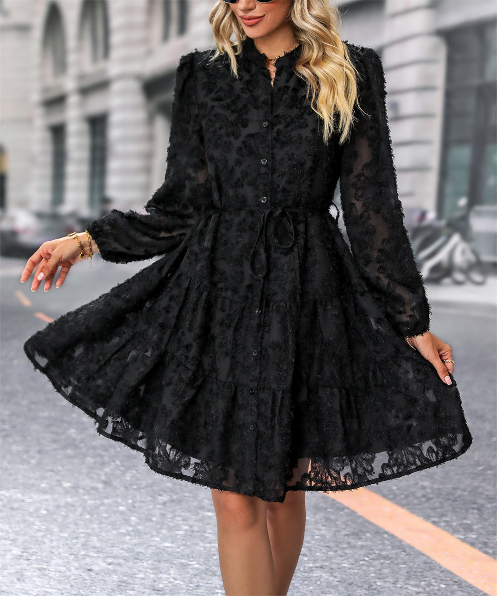 Floral lace a-line button down dress with tie waist 3091