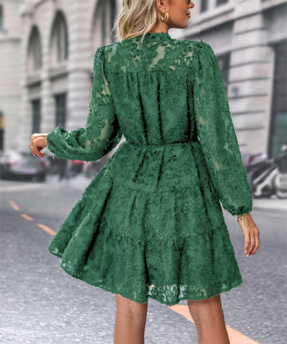 Floral lace a-line button down dress with tie waist 3091