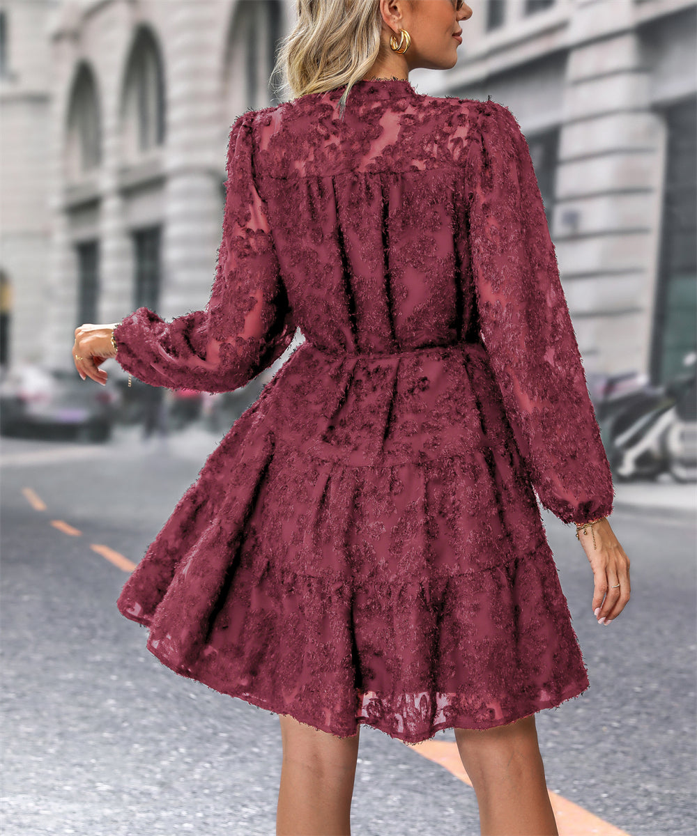 Floral lace a-line button down dress with tie waist 3091