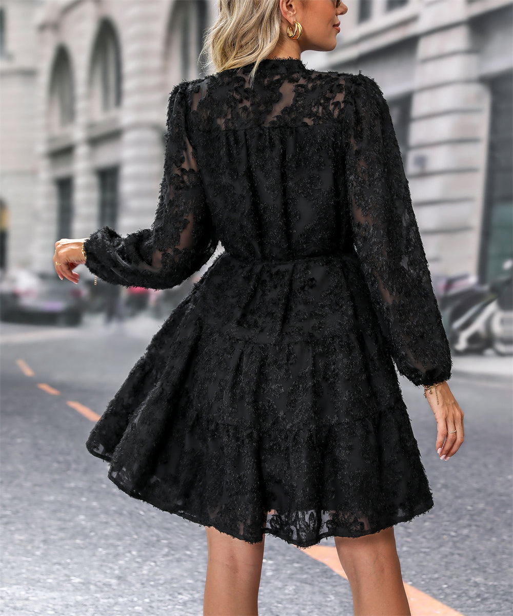 Floral lace a-line button down dress with tie waist 3091