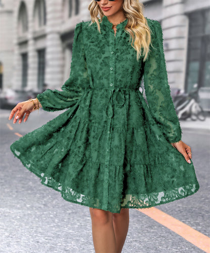 Floral lace a-line button down dress with tie waist 3091