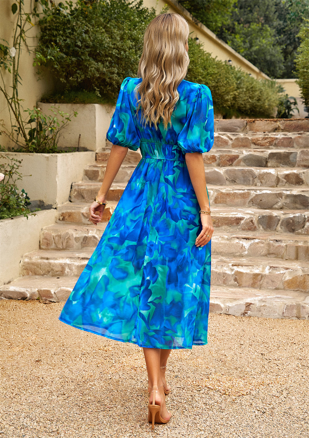 Floral print chiffon dress puff sleeve midi dress 3070