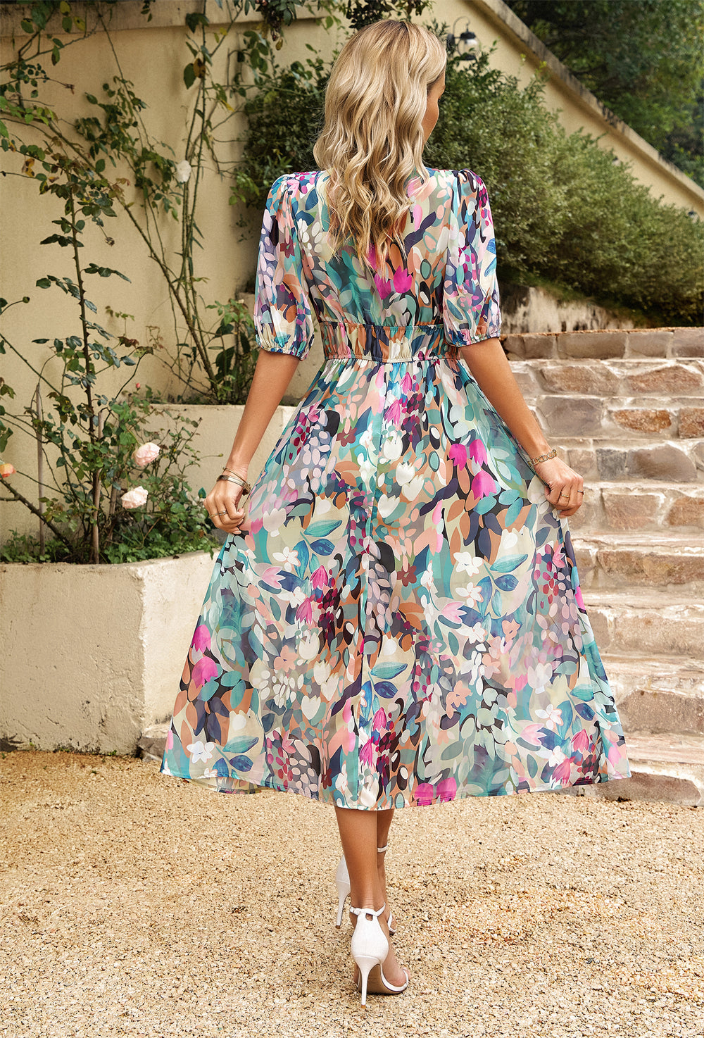 Floral print chiffon dress puff sleeve midi dress 3070