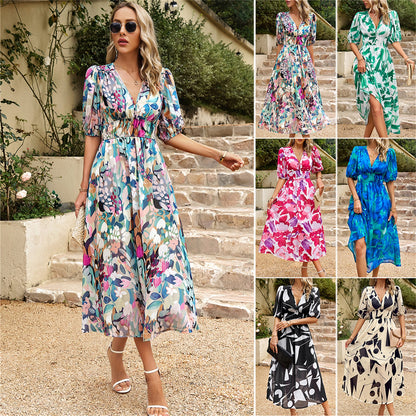 Floral print chiffon dress puff sleeve midi dress 3070