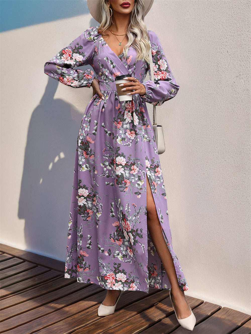 Floral print long sleeve maxi dress with slit 3075