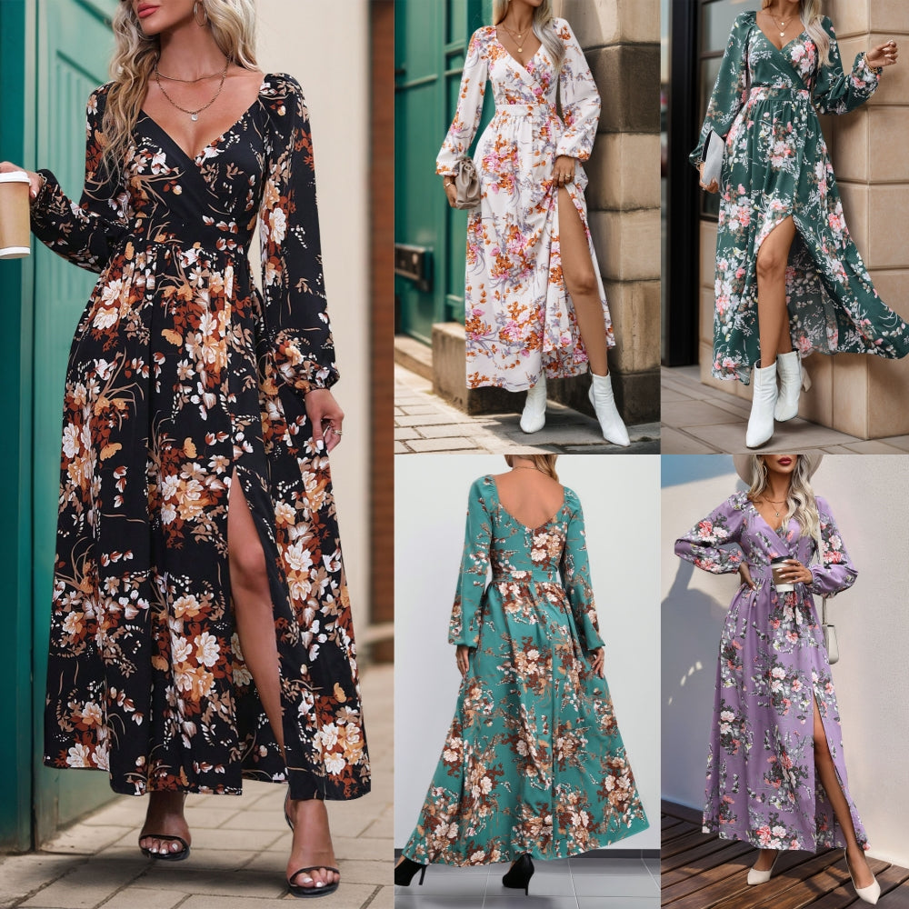 Floral print long sleeve maxi dress with slit 3075