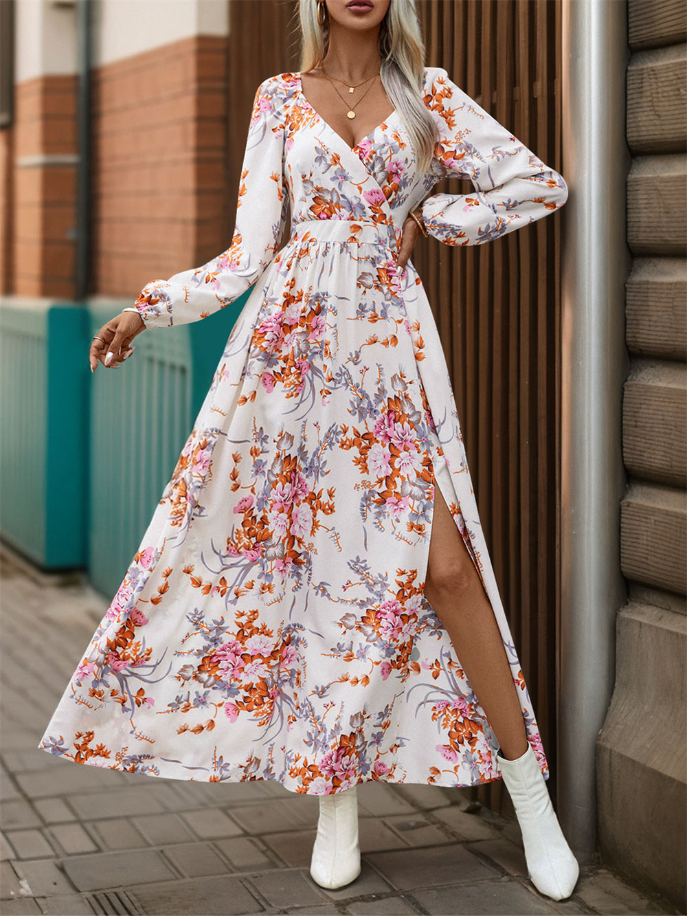 Floral print long sleeve maxi dress with slit 3075