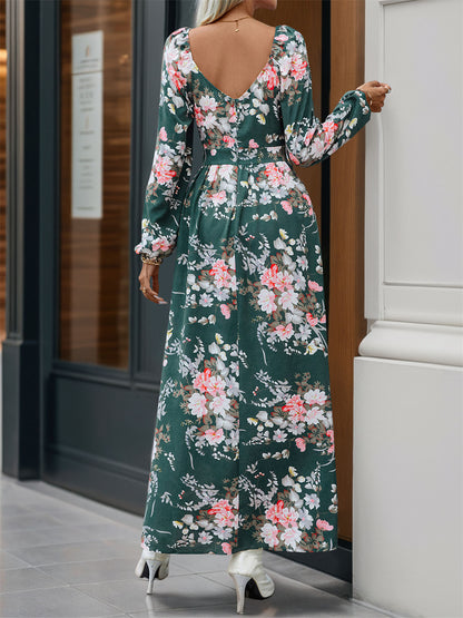 Floral print long sleeve maxi dress with slit 3075