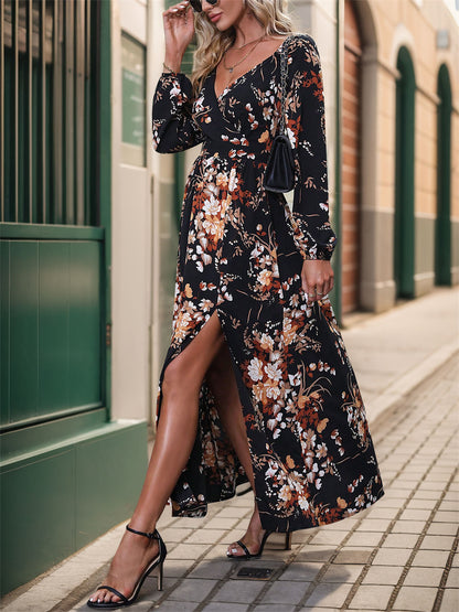 Floral print long sleeve maxi dress with slit 3075