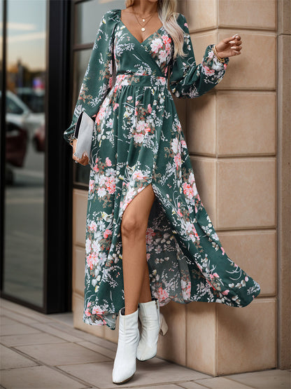 Floral print long sleeve maxi dress with slit 3075