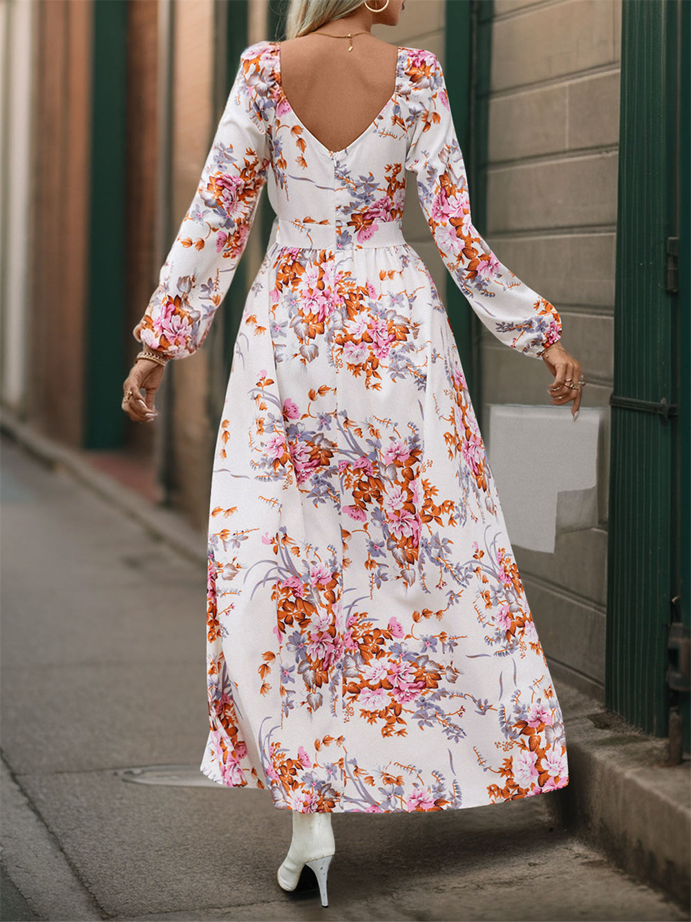 Floral print long sleeve maxi dress with slit 3075