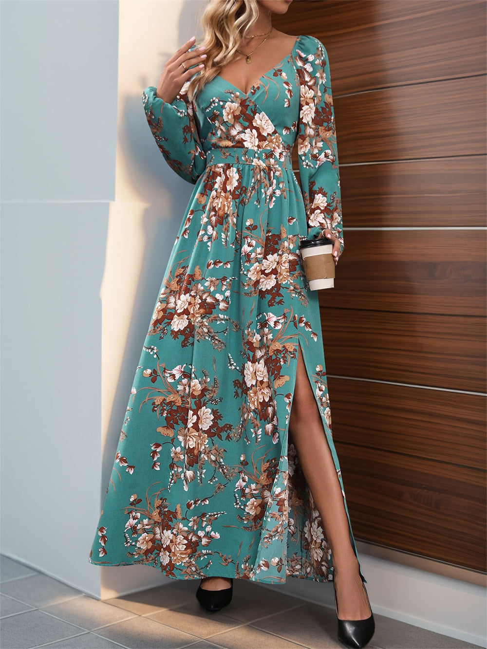 Floral print long sleeve maxi dress with slit 3075