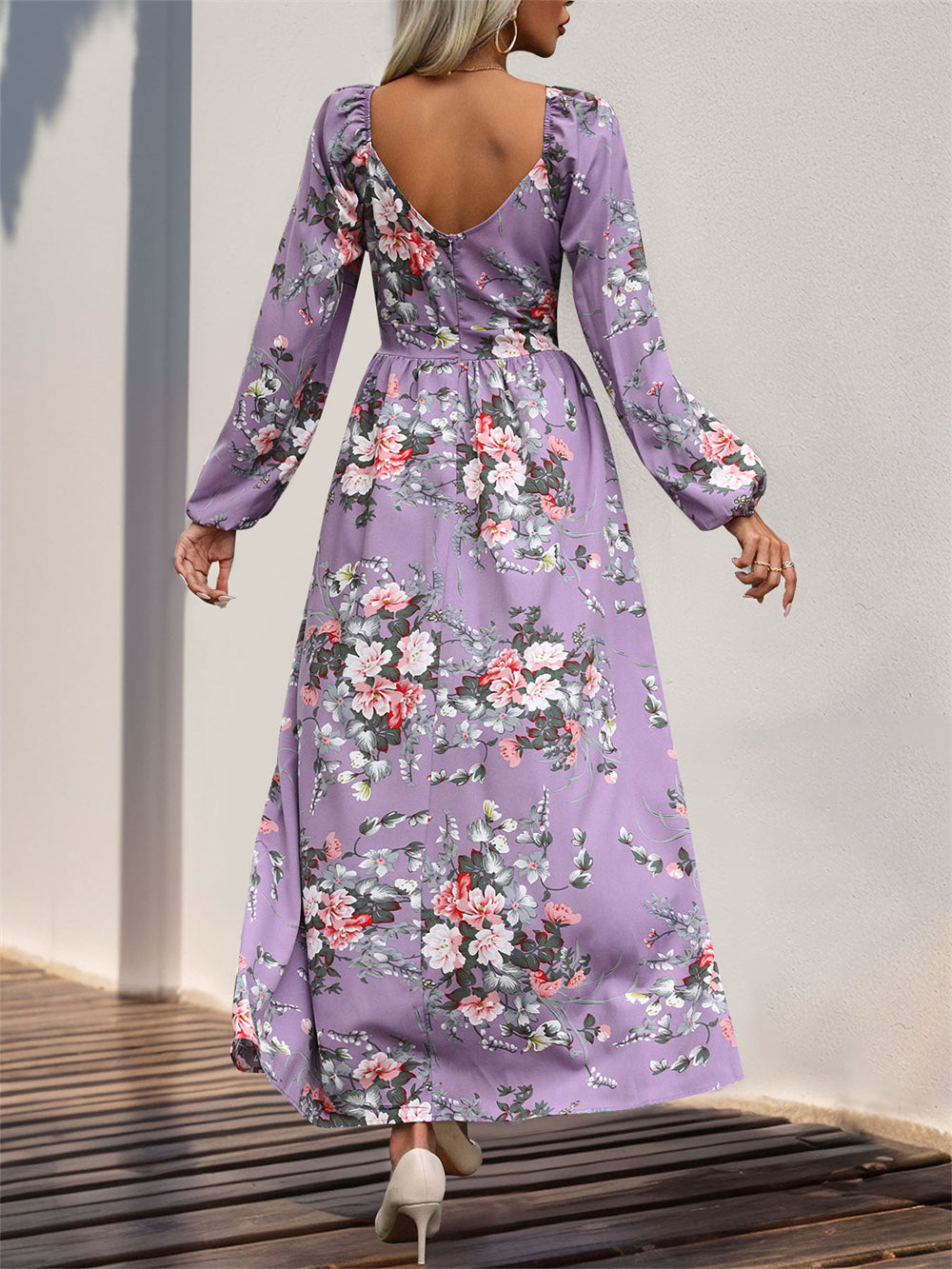 Floral print long sleeve maxi dress with slit 3075