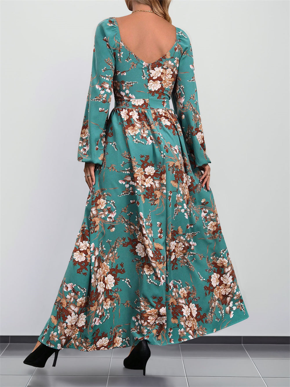 Floral print long sleeve maxi dress with slit 3075