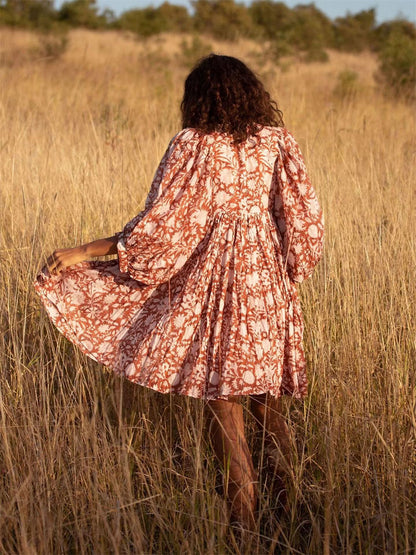 Floral print mini babydoll dress with puff sleeves 3050 Orange