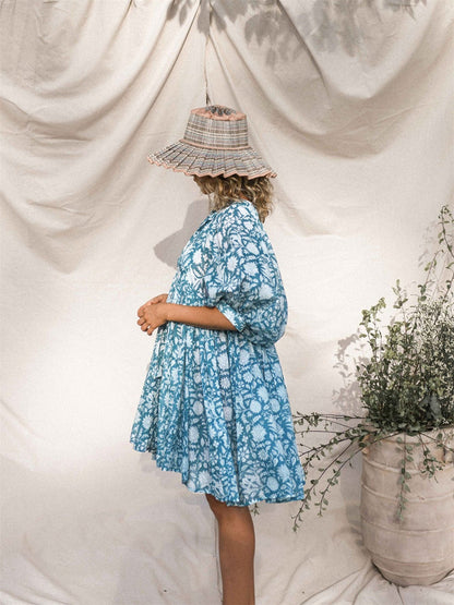 Floral print mini babydoll dress with puff sleeves 3050 Blue