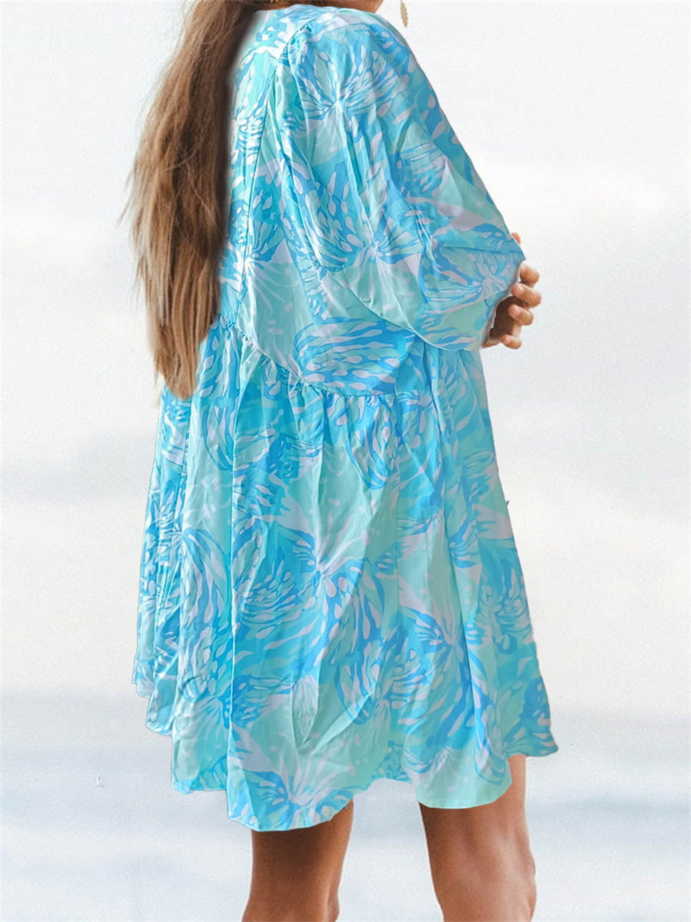 Floral print mini babydoll dress with puff sleeves 3050 Baby blue