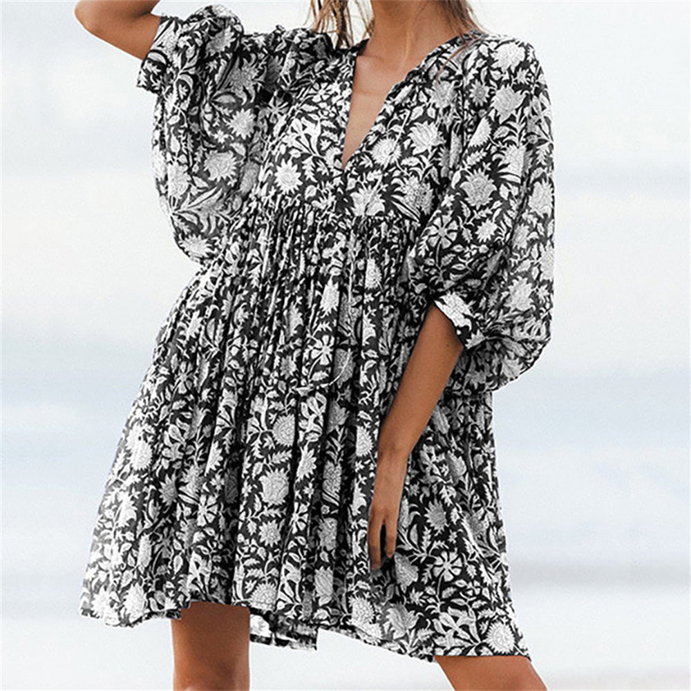 Floral print mini babydoll dress with puff sleeves 3050 Black