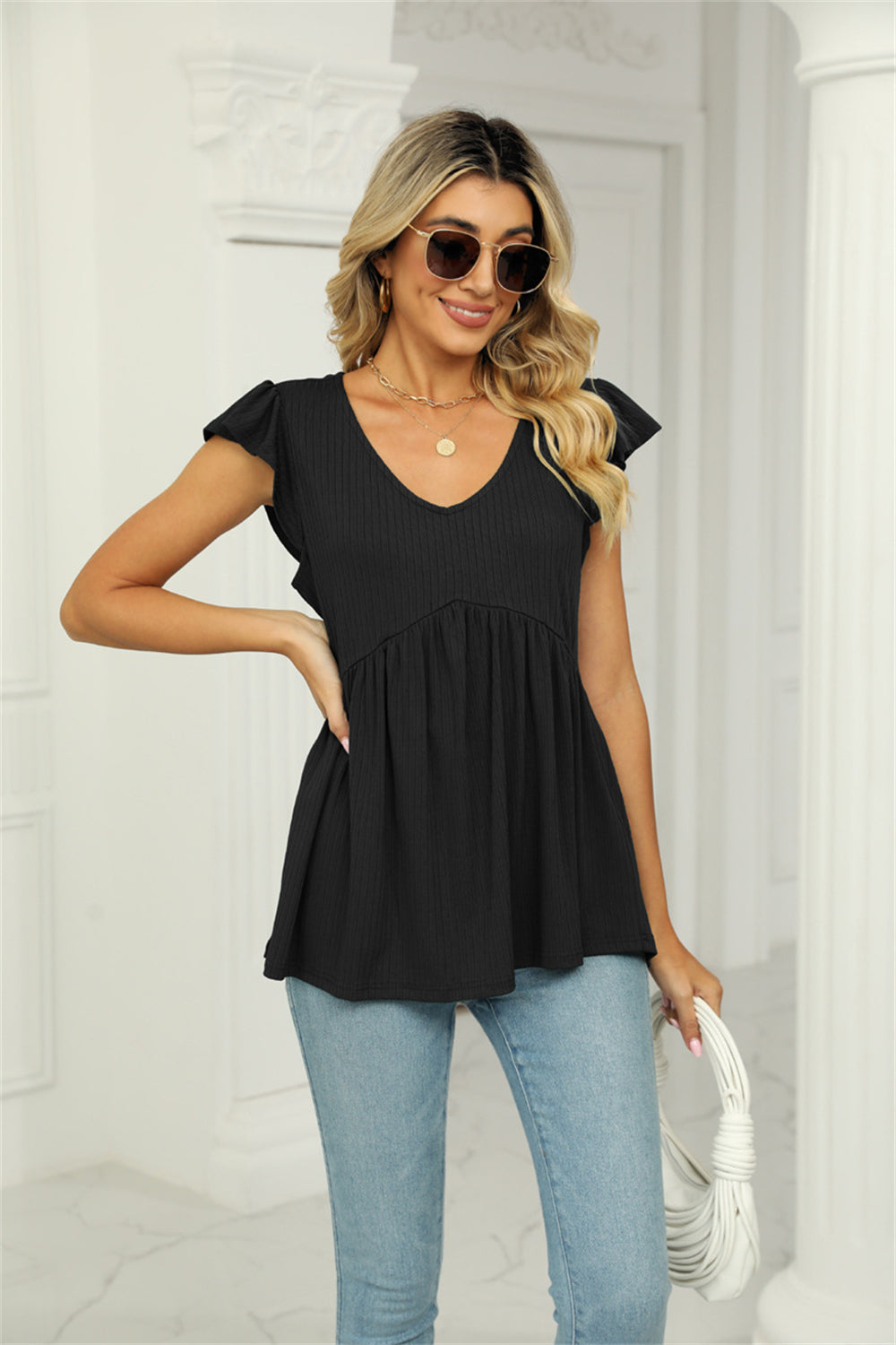 Flutter Sleeve Boho Babydoll Blouse Top 2830